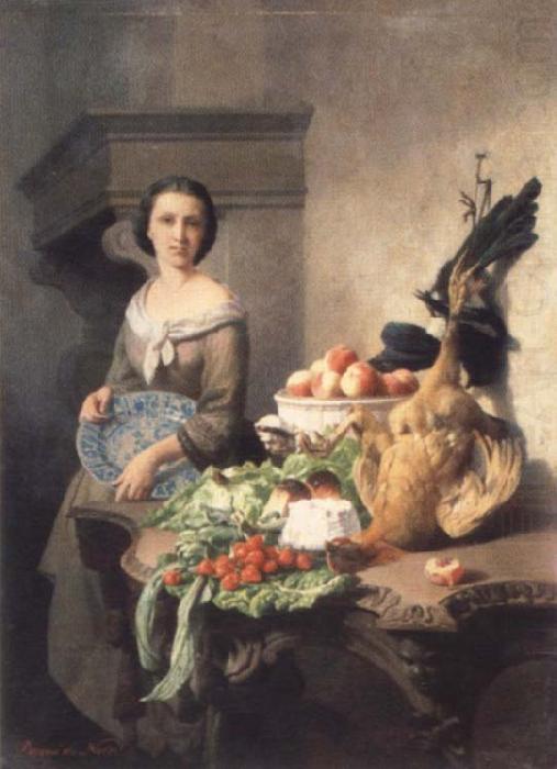 House lass next to a table of full groceries, unknow artist